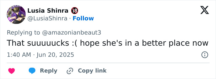 Twitter user replying to a message, expressing sympathy about bodybuilder dubbed She Hulk fatally hammered by husband.