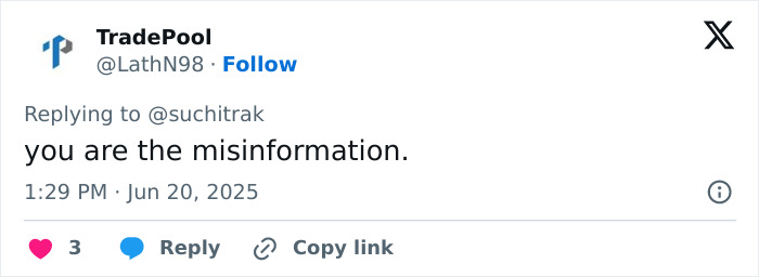 Screenshot of a tweet responding with the phrase you are the misinformation, discussing Air India crash miracle survivor. Screenshot of a tweet responding with the phrase you are the misinformation, discussing Air India crash miracle survivor.