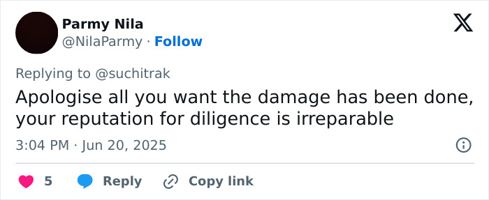 Tweet by user Parmy Nila criticizing actress amid Air India crash miracle survivor lying controversy. Tweet by user Parmy Nila criticizing actress amid Air India crash miracle survivor lying controversy.