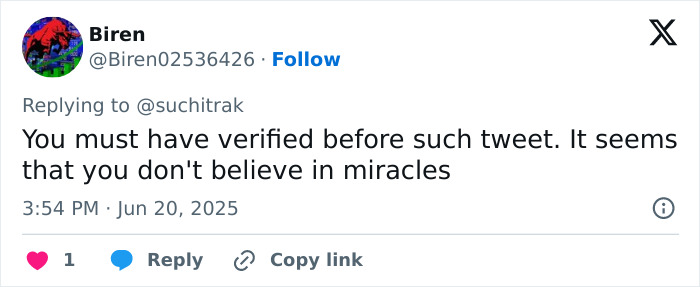 Screenshot of a tweet criticizing disbelief in miracles, related to Air India crash miracle survivor controversy. Screenshot of a tweet criticizing disbelief in miracles, related to Air India crash miracle survivor controversy.