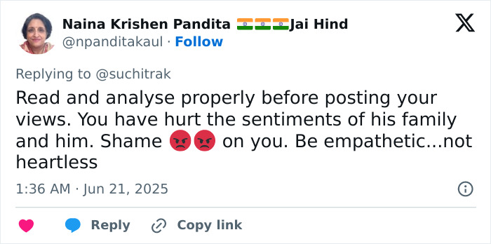 Twitter user criticizes heartless actress for accusing Air India crash miracle survivor of lying, sparking outrage online. Twitter user criticizes heartless actress for accusing Air India crash miracle survivor of lying, sparking outrage online.