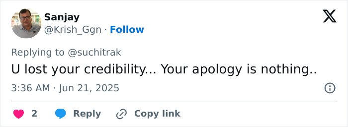 Screenshot of a Twitter reply criticizing an apology amid controversy involving Air India crash miracle survivor claims. Screenshot of a Twitter reply criticizing an apology amid controversy involving Air India crash miracle survivor claims.
