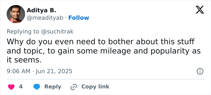 Screenshot of a tweet by Aditya B. criticizing the actress accused in the Air India crash miracle survivor controversy. Screenshot of a tweet by Aditya B. criticizing the actress accused in the Air India crash miracle survivor controversy.