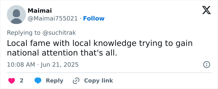 Screenshot of a social media reply criticizing local fame amid controversy involving Air India crash miracle survivor claims. Screenshot of a social media reply criticizing local fame amid controversy involving Air India crash miracle survivor claims.