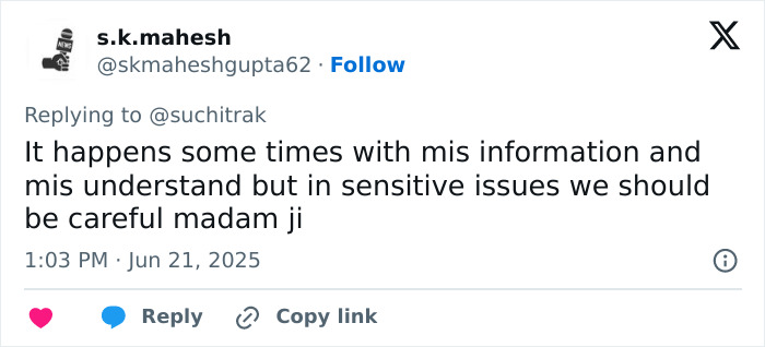 Tweet screenshot showing a user cautioning about misinformation on sensitive issues related to the Air India crash miracle survivor controversy. Tweet screenshot showing a user cautioning about misinformation on sensitive issues related to the Air India crash miracle survivor controversy.