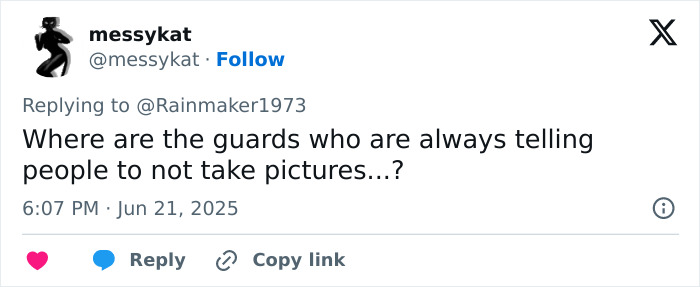 Tweet questioning the presence of guards preventing picture taking amid tourist causing damage to 18th century painting in Italy.