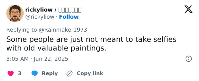 Tweet criticizing a tourist for damaging an 18th century painting while taking a selfie, sparking fury in Italy.