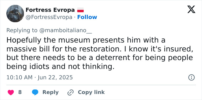 Tweet complaining about tourist causing damage to 18th century painting in Italy while taking selfie sparking public fury.