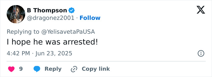 Screenshot of a Twitter reply expressing hope that a tourist who damaged an 18th century painting while taking a selfie was arrested.