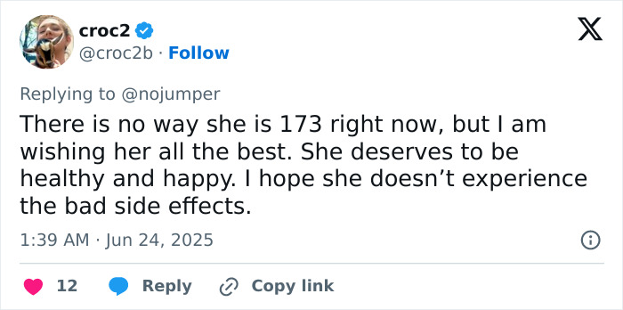 Tweet screenshot showing a user commenting on Amanda Bynes using Ozempic and expressing well wishes despite concerns about side effects. Tweet screenshot showing a user commenting on Amanda Bynes using Ozempic and expressing well wishes despite concerns about side effects.