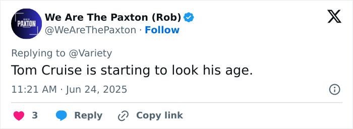 Tweet by We Are The Paxton commenting that Tom Cruise is starting to look his age, sparking Botox rumors after F1 premiere with Brad Pitt. Tweet by We Are The Paxton commenting that Tom Cruise is starting to look his age, sparking Botox rumors after F1 premiere with Brad Pitt.