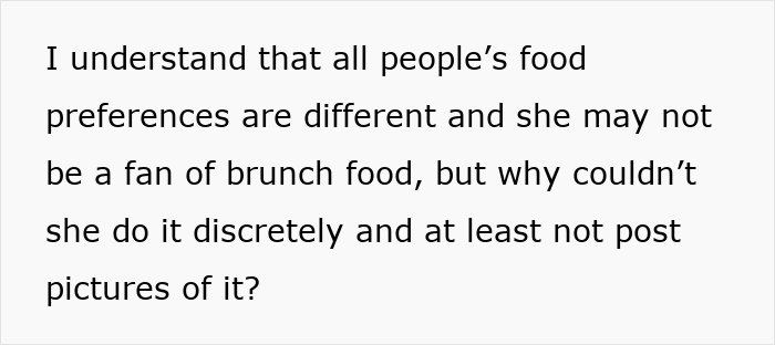 Text discussing differing food preferences and frustration over someone posting pictures of brunch food discreetly. Text discussing differing food preferences and frustration over someone posting pictures of brunch food discreetly.