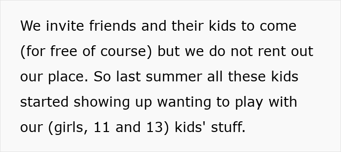 Excerpt showing a woman inviting friends and their kids, while not renting her cabin to strangers or renters. Excerpt showing a woman inviting friends and their kids, while not renting her cabin to strangers or renters.