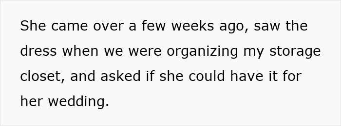 Text on a white background describing a story about sisters and a wedding dress leading to drama between them. Text on a white background describing a story about sisters and a wedding dress leading to drama between them.