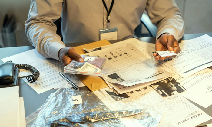Man reviewing evidence and documents collected by private investigator during a partner investigation at a cluttered desk. Man reviewing evidence and documents collected by private investigator during a partner investigation at a cluttered desk.