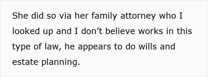 Text excerpt discussing concerns about a family attorney and legal advice regarding a potential lawsuit. Text excerpt discussing concerns about a family attorney and legal advice regarding a potential lawsuit.