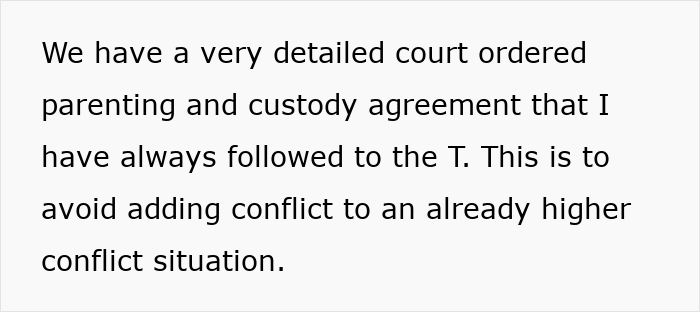 Text about detailed court-ordered parenting and custody agreement to avoid conflict in a high-conflict situation involving stepmom. Text about detailed court-ordered parenting and custody agreement to avoid conflict in a high-conflict situation involving stepmom.