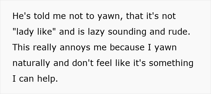 Text image showing a woman explaining how her man says he hates yawning and finds it rude and lazy sounding. Text image showing a woman explaining how her man says he hates yawning and finds it rude and lazy sounding.