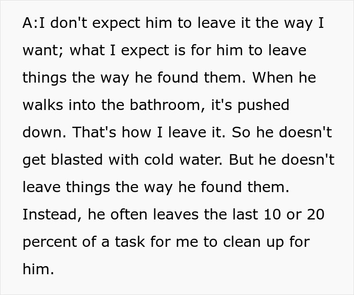 Text excerpt discussing a wife's frustration with her husband's bad memory and household habits linked to cold showers. Text excerpt discussing a wife's frustration with her husband's bad memory and household habits linked to cold showers.