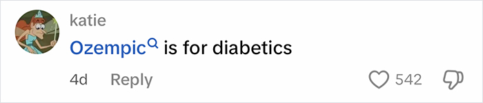 Comment stating Ozempic is for diabetics in an online discussion about weight loss and health. Comment stating Ozempic is for diabetics in an online discussion about weight loss and health.
