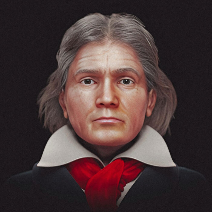 Recreated face of Beethoven using skull scans and portraits by a scientist for historical facial reconstruction.