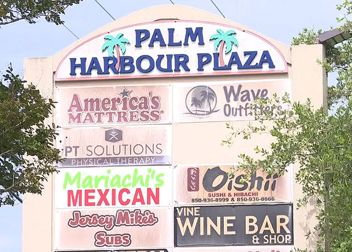 Palm Harbour Plaza sign featuring Jersey Mike's Subs, the location linked to captive woman's brave cry for help and rescue. Palm Harbour Plaza sign featuring Jersey Mike's Subs, the location linked to captive woman's brave cry for help and rescue.