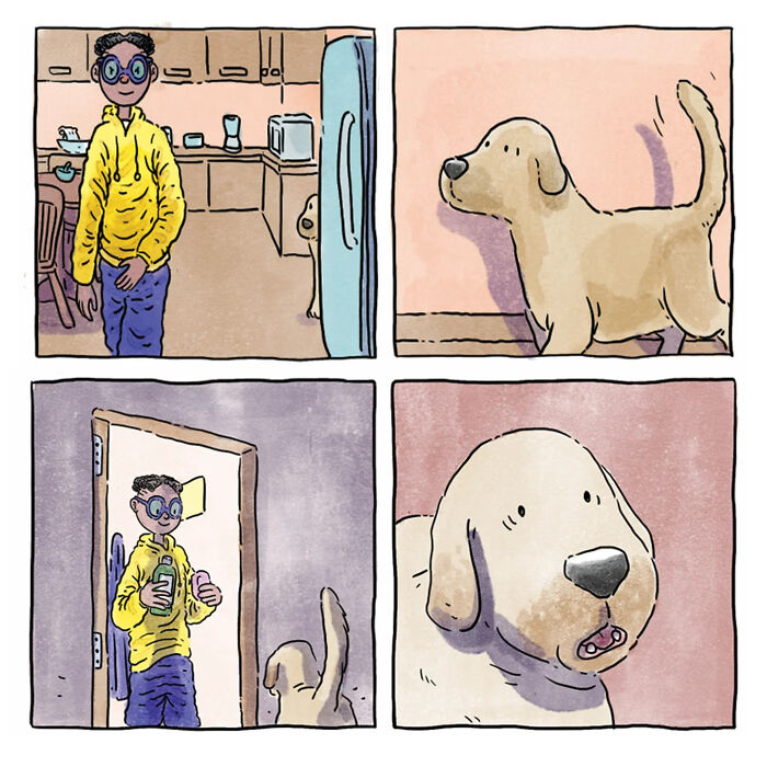 Comic panels showing a person and a dog in a heartfelt moment, depicting life with a dog and a cat in wordless art.