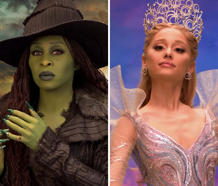 Split image showing Ariana Grande in green witch makeup with a hat and another scene with her in a glittering gown and crown. Split image showing Ariana Grande in green witch makeup with a hat and another scene with her in a glittering gown and crown.