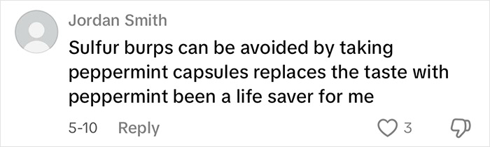 Comment about avoiding sulfur burps with peppermint capsules shared by a user discussing Mounjaro side effects. Comment about avoiding sulfur burps with peppermint capsules shared by a user discussing Mounjaro side effects.