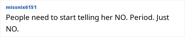 Text comment stating people need to start telling Meghan Markle no, relating to accusations about her kids treatment. Text comment stating people need to start telling Meghan Markle no, relating to accusations about her kids treatment.
