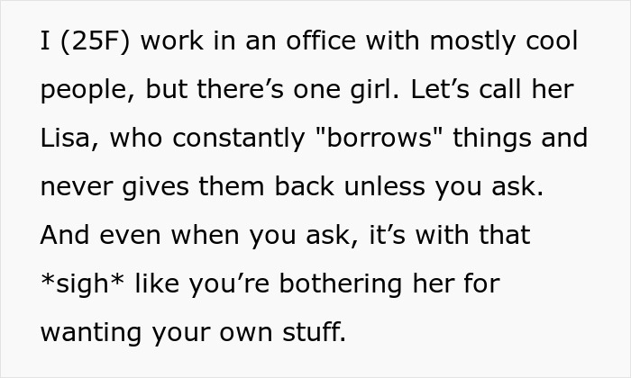 Text about a lady known for not returning items, throwing a tantrum over a simple charger while coworker remains unbothered. Text about a lady known for not returning items, throwing a tantrum over a simple charger while coworker remains unbothered.