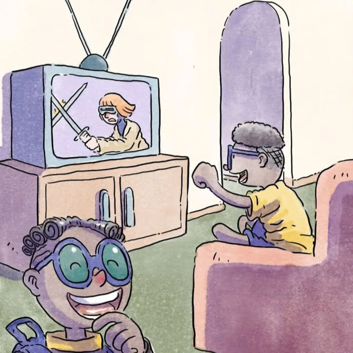 Illustration from wordless comics showing a joyful child watching a sword fight on TV in a cozy room.