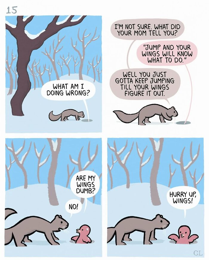 Ruby and Mo comic strip showing a talking squirrel and bird discussing love, loss, and healing in a snowy forest.