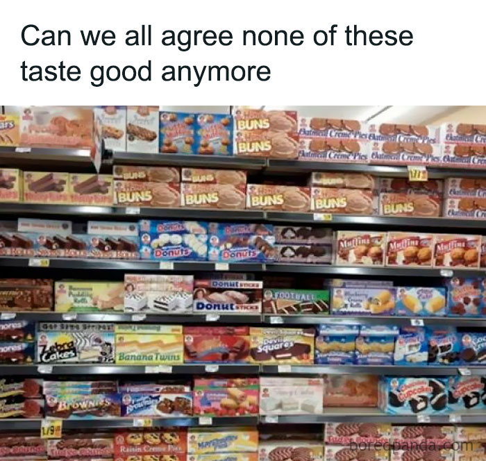 A grocery store shelf filled with nostalgic snack cakes and desserts from past decades.
