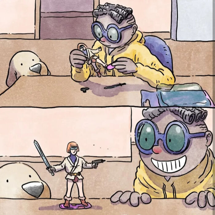 Illustration of artist with dog sharing heartfelt moments in new wordless comics about life with a dog and a cat.