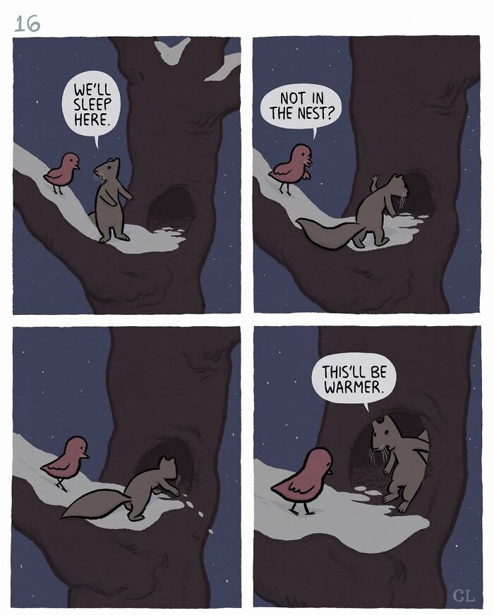 Ruby and Mo comic panel showing two animals seeking warmth and comfort on a snowy tree branch at night.