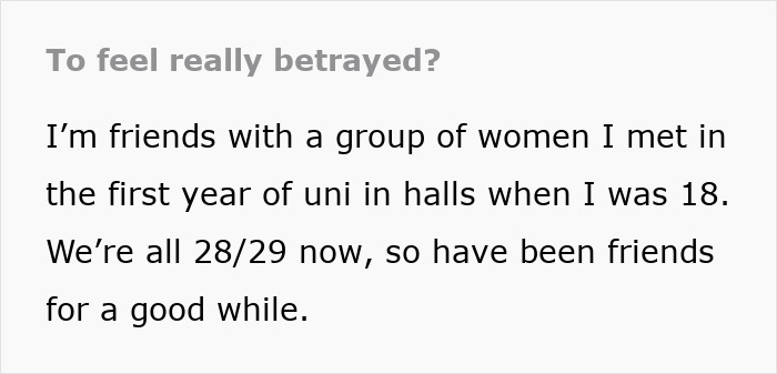 Text excerpt about a woman reflecting on a decade-long friendship and feeling betrayed by a group of longtime friends. Text excerpt about a woman reflecting on a decade-long friendship and feeling betrayed by a group of longtime friends.