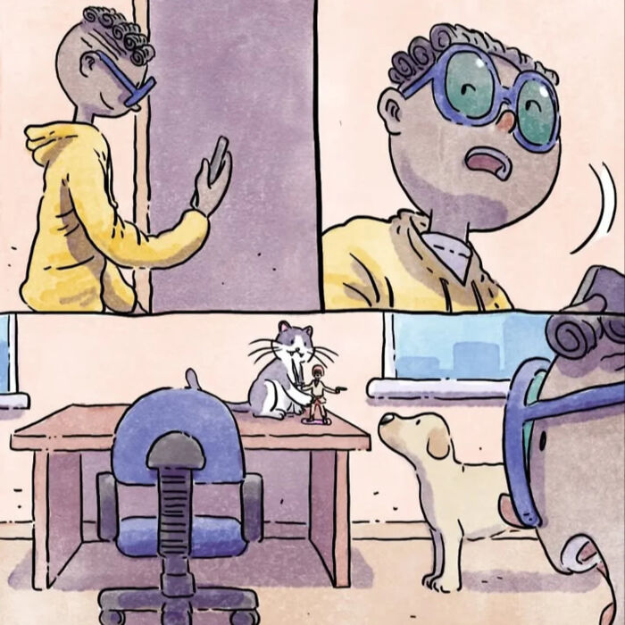 Illustration from wordless comics showing a person, a cat playing with a toy, and a dog watching nearby.