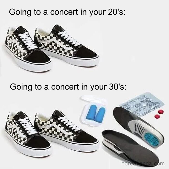 Checkered sneakers paired with earplugs, pain medication, and shoe inserts symbolizing concert experience changes with age nostalgia memes.