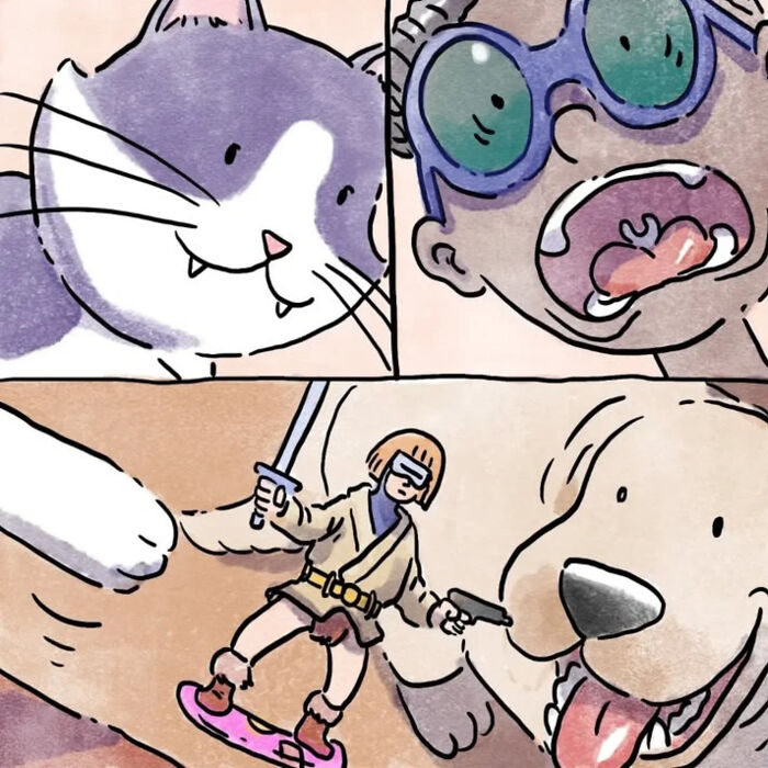 Wordless comics depicting heartfelt moments of life with a dog and a cat in a charming illustrated style.