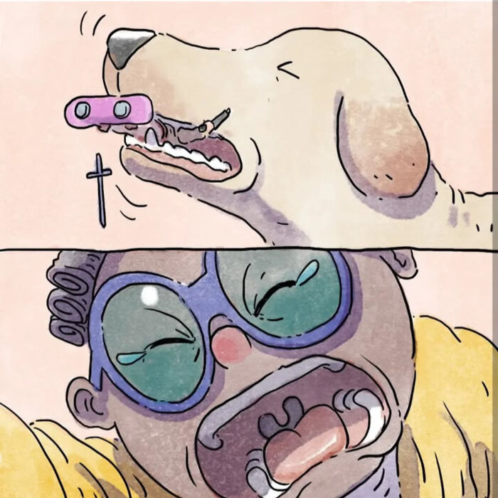 Illustration from wordless comics showing a dog and a person expressing strong emotions about life with a dog and a cat.