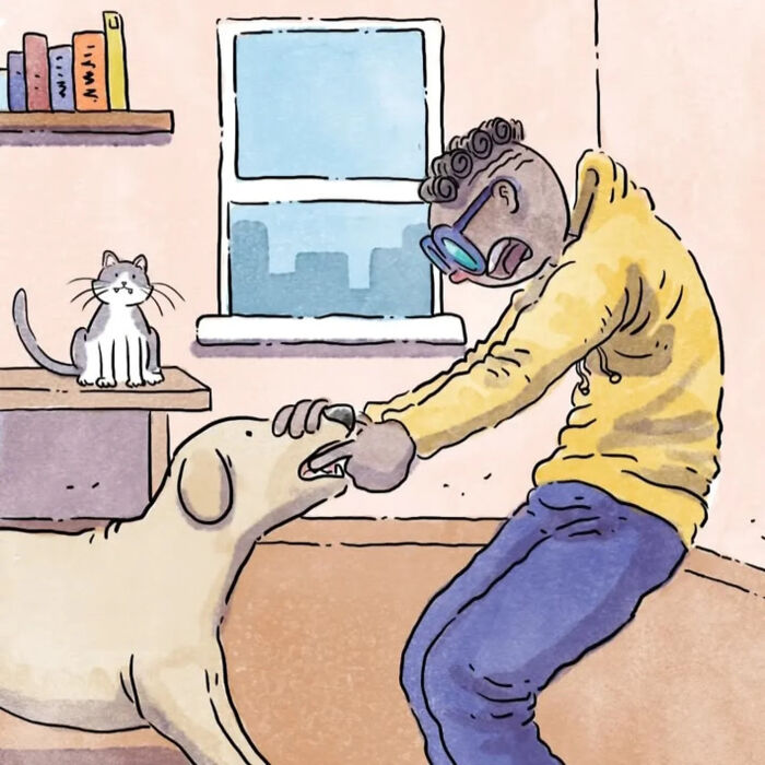 Illustration of life with a dog and a cat showing heartfelt interaction in a colorful wordless comic style.