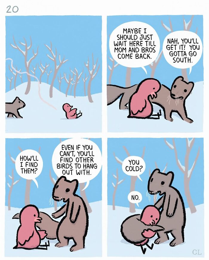 Ruby and Mo comic panels showing two characters comforting each other in a snowy forest, exploring love, loss, and healing.