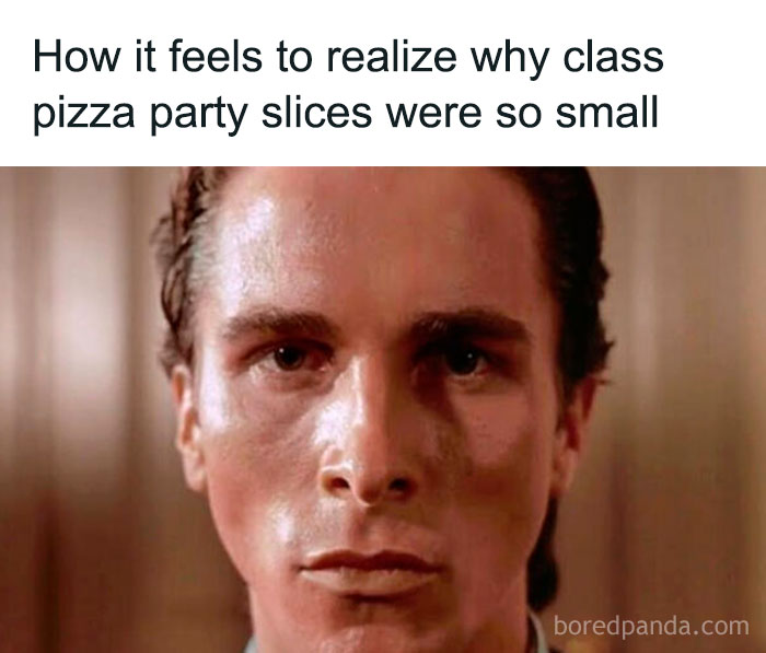 Close-up of a serious man realizing the reason behind small class pizza party slices, related to explain the joke memes.