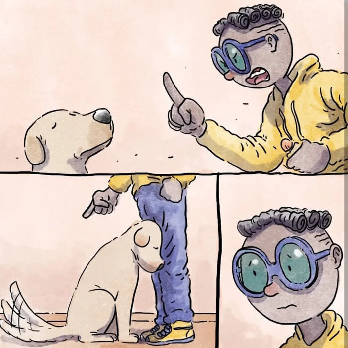 Comic panels showing heartfelt moments of a person interacting gently with a dog, inspired by life with pets.