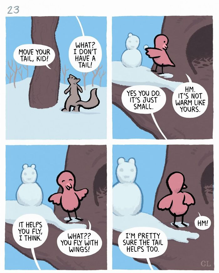 Ruby and Mo comic panels showing a squirrel and bird discussing tails, wings, and flying in a snowy setting.