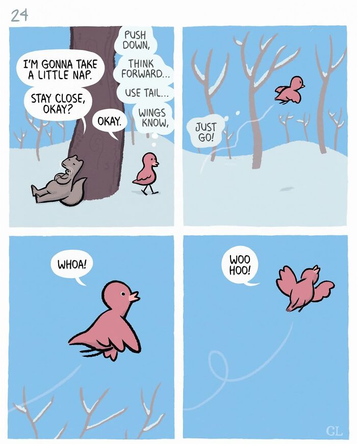 Ruby and Mo comic panels showing a bird learning to fly with encouragement about love, loss, and healing.