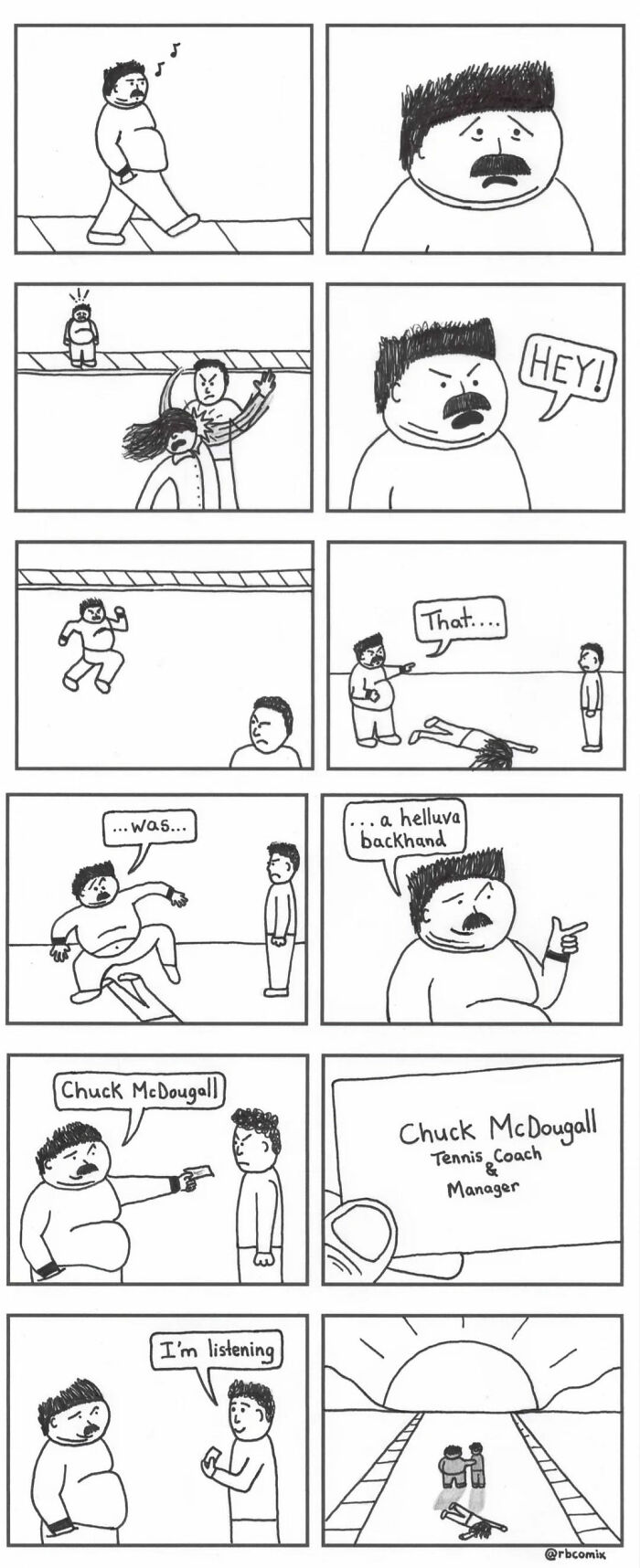 Hand-drawn Rustedboot comic panels showing dark humor with characters in a backhand tennis coach scenario.