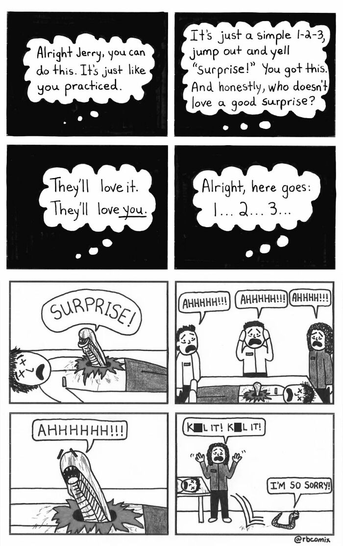 Black and white Rustedboot comic strip with dark humor featuring a surprise scene and shocked characters in a hospital setting.