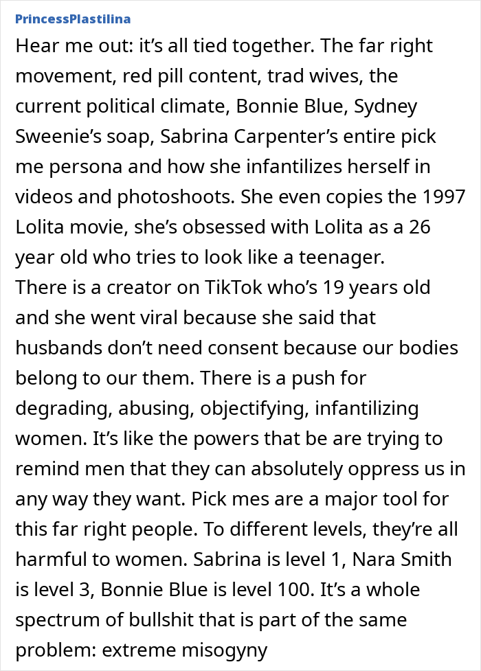 Text excerpt criticizing Sabrina Carpenter's album cover for tone deafness and extreme misogyny in cultural context. Text excerpt criticizing Sabrina Carpenter's album cover for tone deafness and extreme misogyny in cultural context.